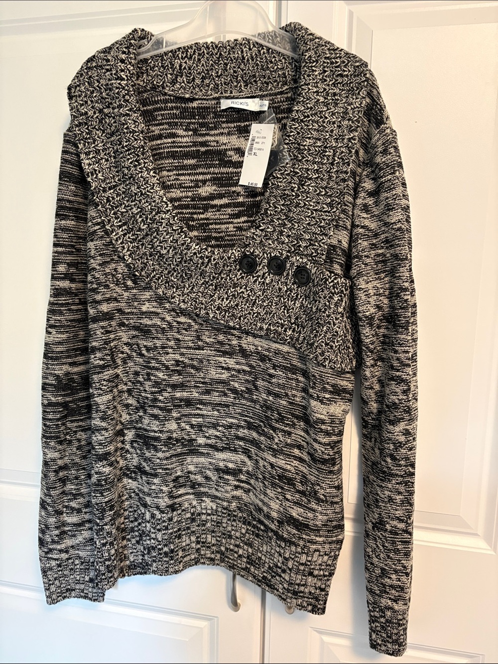 Ricki's Black & Cream Marled Shawl-Collar Button Sweater